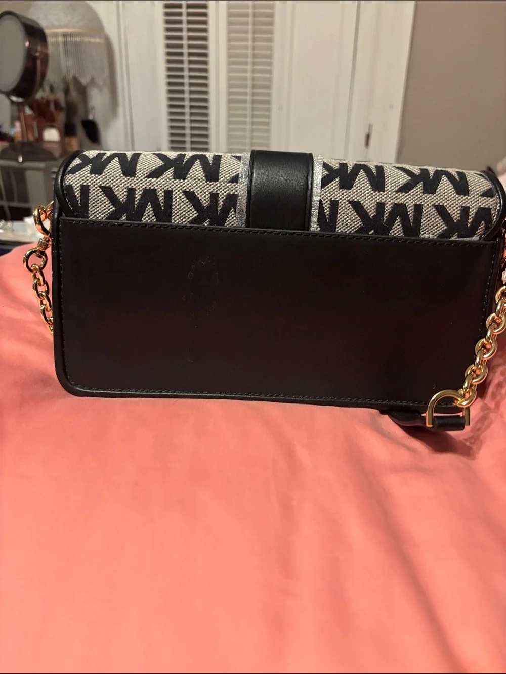 Michael Kors Black and White MK Logo Shoulder Bag with Gold Hardware